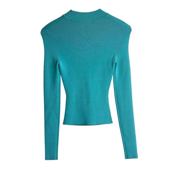 STAUD Clara Knit Top Long Sleeve Small Turquoise Heart Cutout Ribbed Knit NWT - Picture 4 of 9